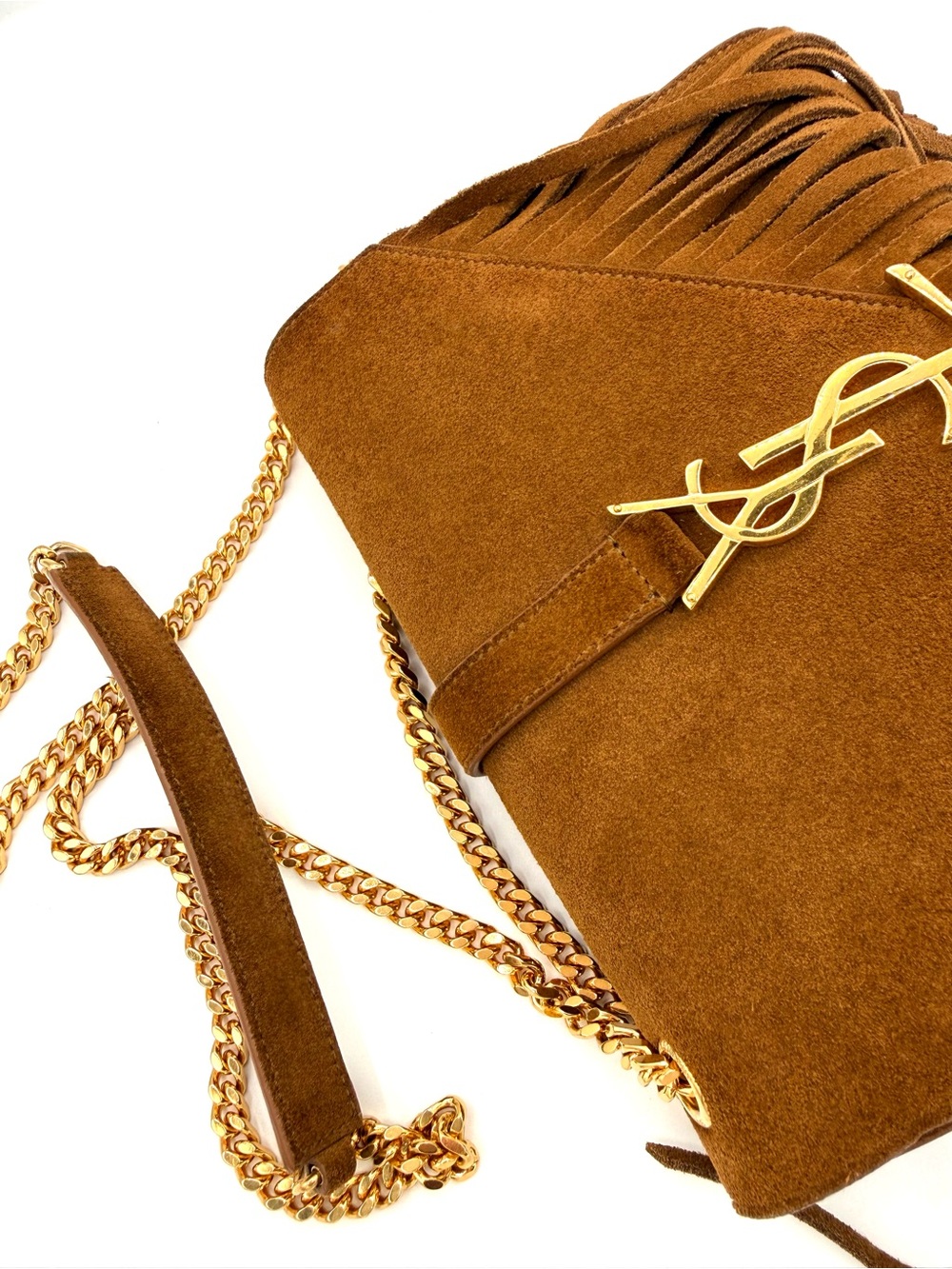 Saint Laurent YSL Tan Brown Suede Fringe Kate Bag with Gold Chain - Picture 10 of 15